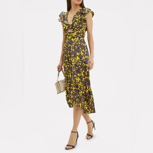 A.L.C. Valencia Dress Womens Silk Yellow Purple Midi Cut Out Flutter Sleeve 00